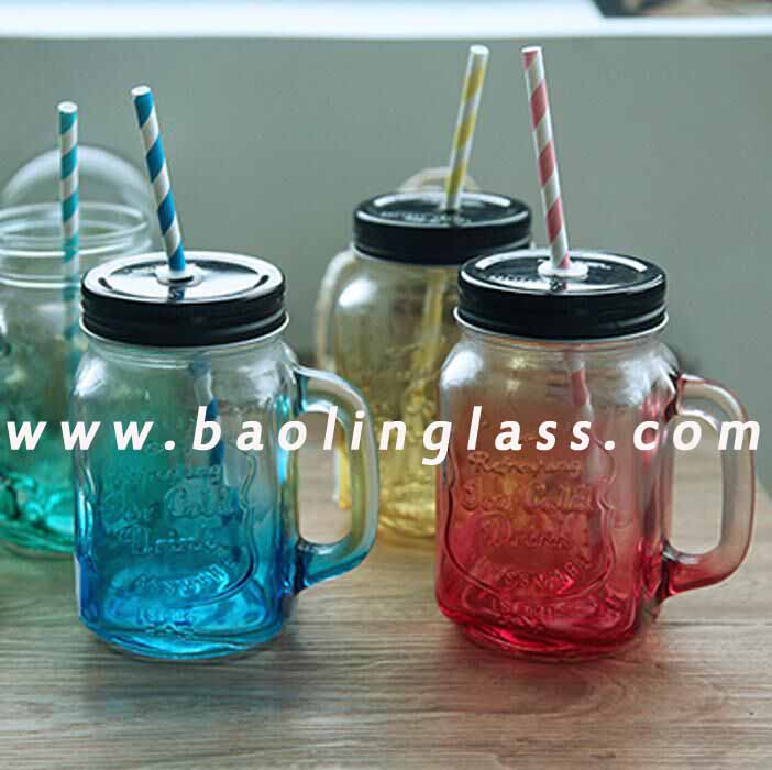 400ml Glass bottle mason jars with color painted wholesale with caps and straws