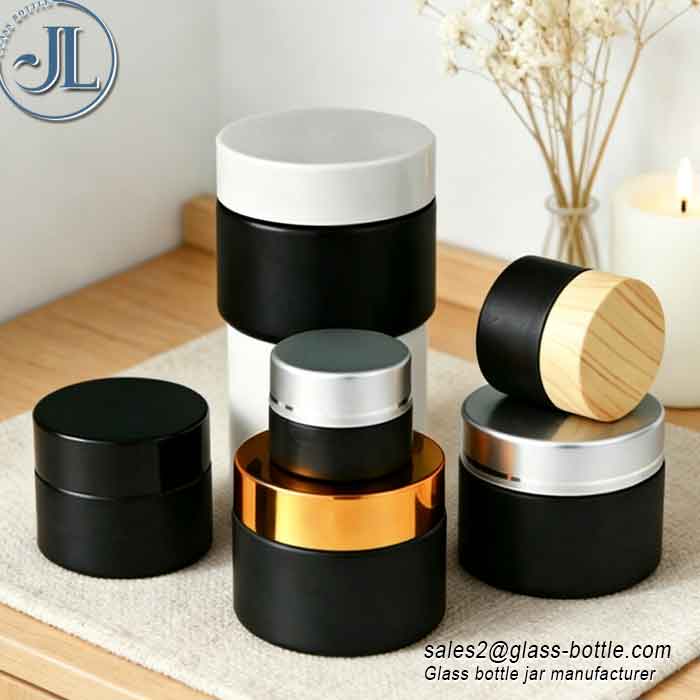 Matte Black Glass Cosmetic Jar Multi Lid Options