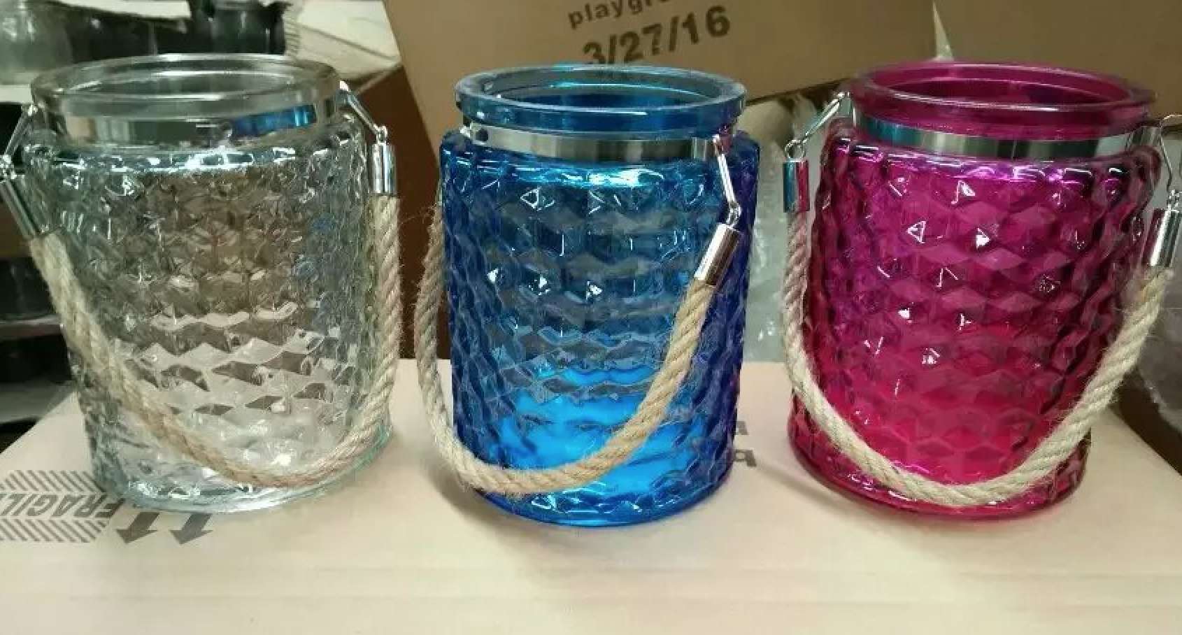 colored glass candle jar with hemp rope hanging ring