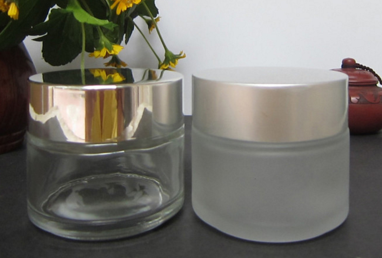 50ml frosted glass cosmetic jar with matte silver lid