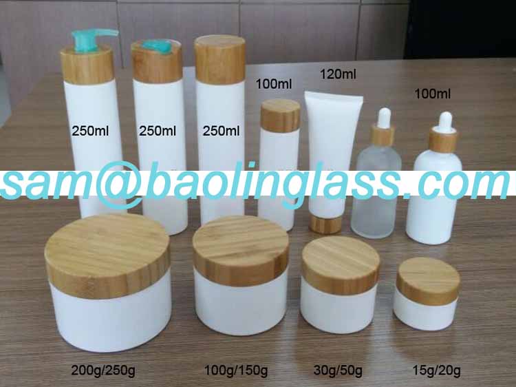 Bamboo Lid Frosted white Glass Bottle Cream Jars