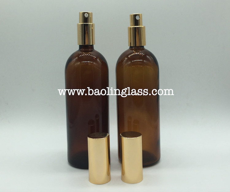 200ml big amber essential oil glass bottle with pump sprayer cap