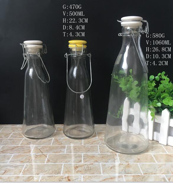 1 Litre Home Made Glass Milk Bottle with Ceramic Flip with Wire Carry handle