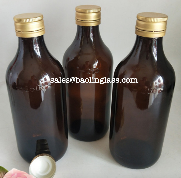 250 ml / 8 oz Amber Glass Pharmacy Liquid Medicine Flask Bottle