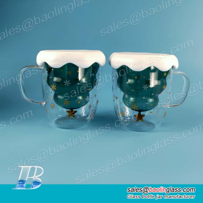 10 oz Christmas Tree Shaped Double Wall Coffee Glass Mug Cute Couple Cup