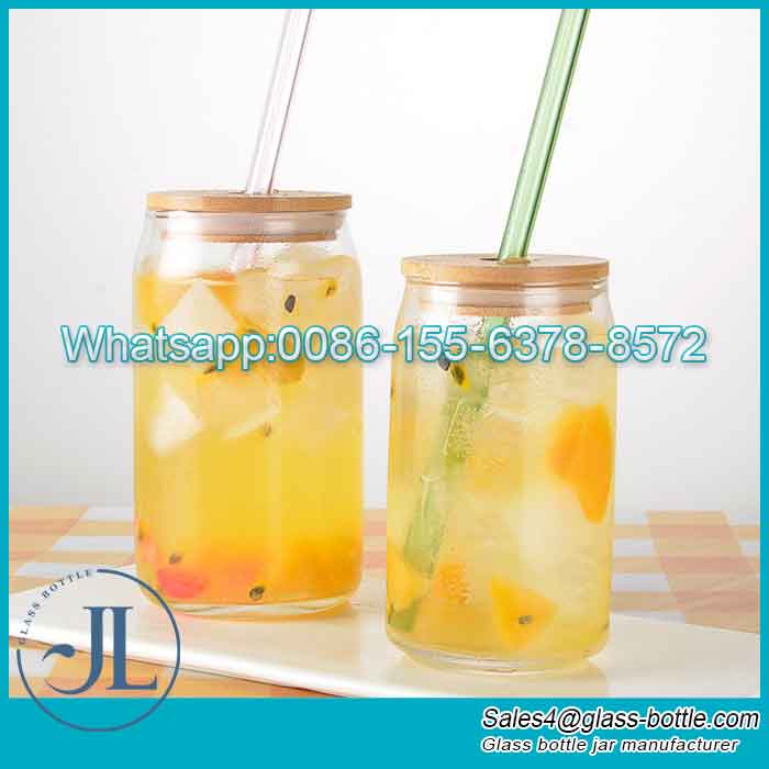 Glass Can Cup With Straw Hole Bamboo Lid for Juice Drinking