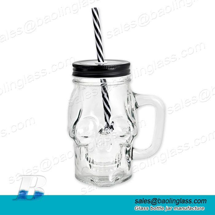 Glass Cup 350 ml Skull Glass Wine Mug Drinking Jar with Lid and Straw