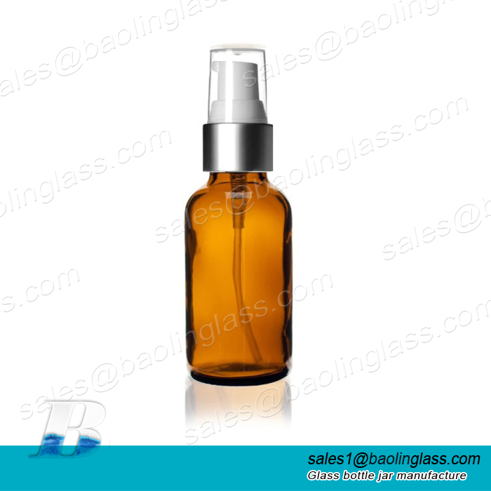 1 Oz Amber Glass Bottle w/  Silver and White Treatment Pump