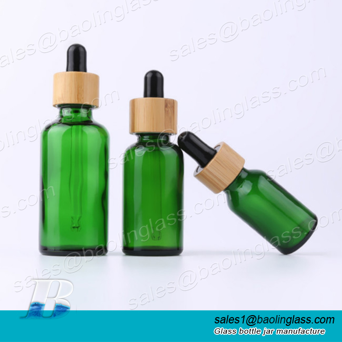Green Glass Dropper Bottle with Bamboo Lid   | 30ml