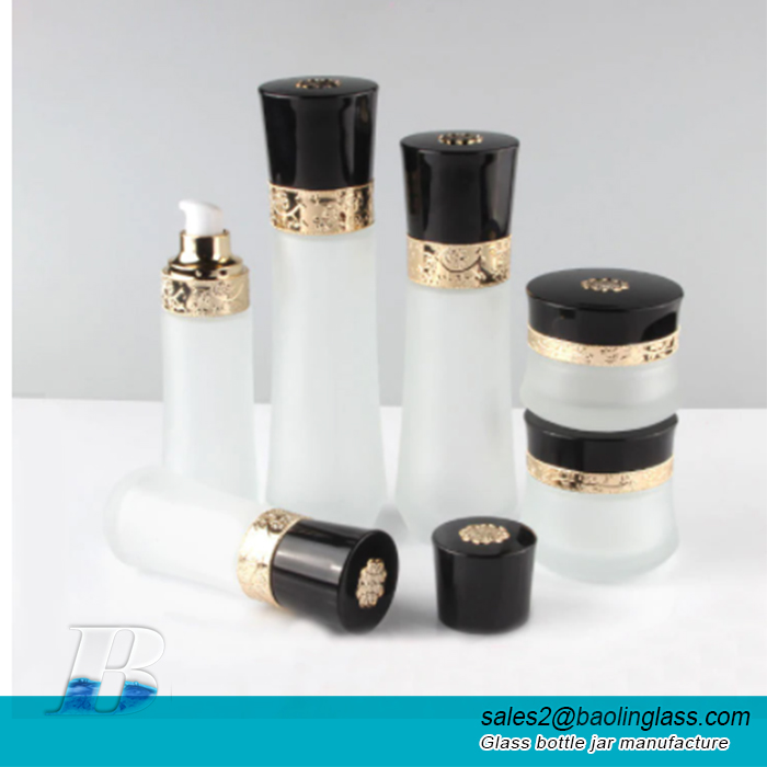 Elegant Frosted Glass Lotion Pump Bottle,High Grade Facial Cream Jar With Black Cover Top Bright Gold Carved Pattern