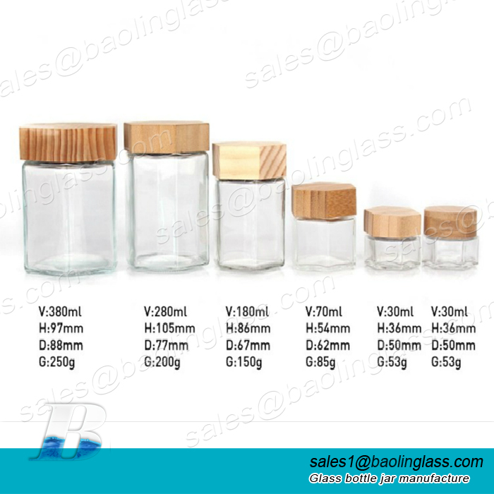 Manufacturer Hexagon Glass Jar with Bamboo Lid for Storage Packaging