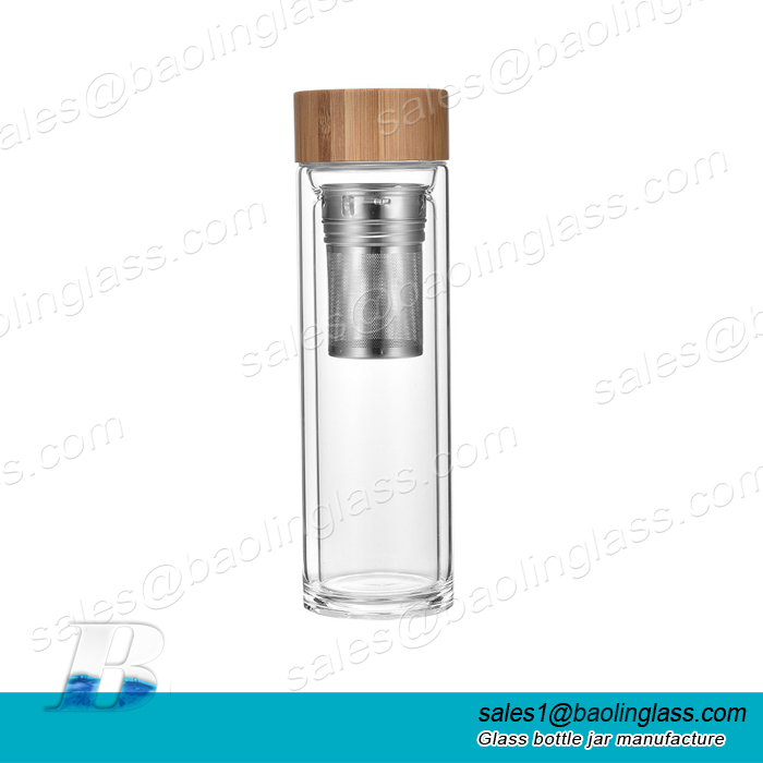 400ml Clear Double Glass Water Bottle with Bamboo Cap and Stainless steel Strainer