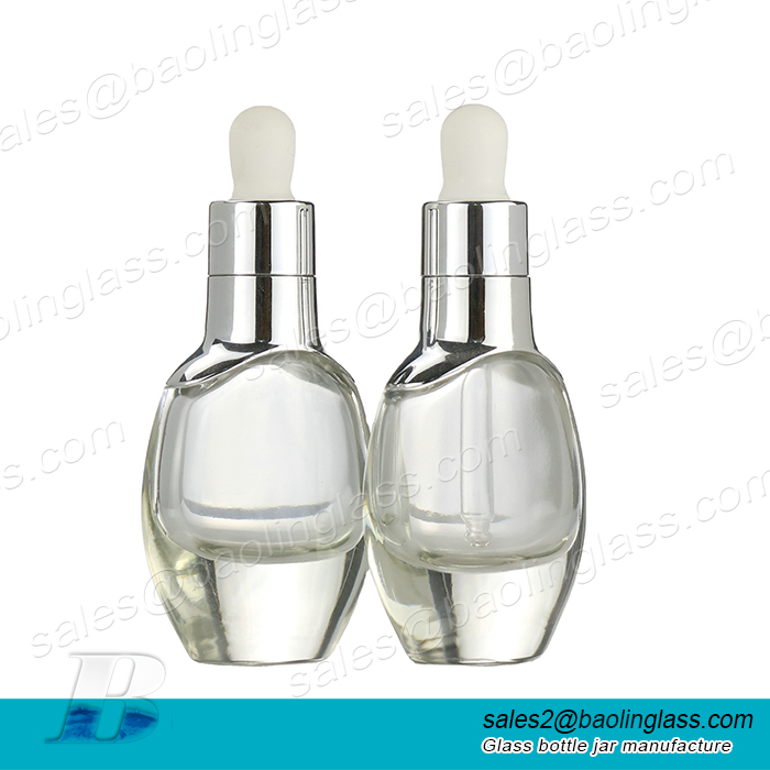 clear cosmetic 30ml flat shoulder frosted clear glass dropper bottle for essential oil