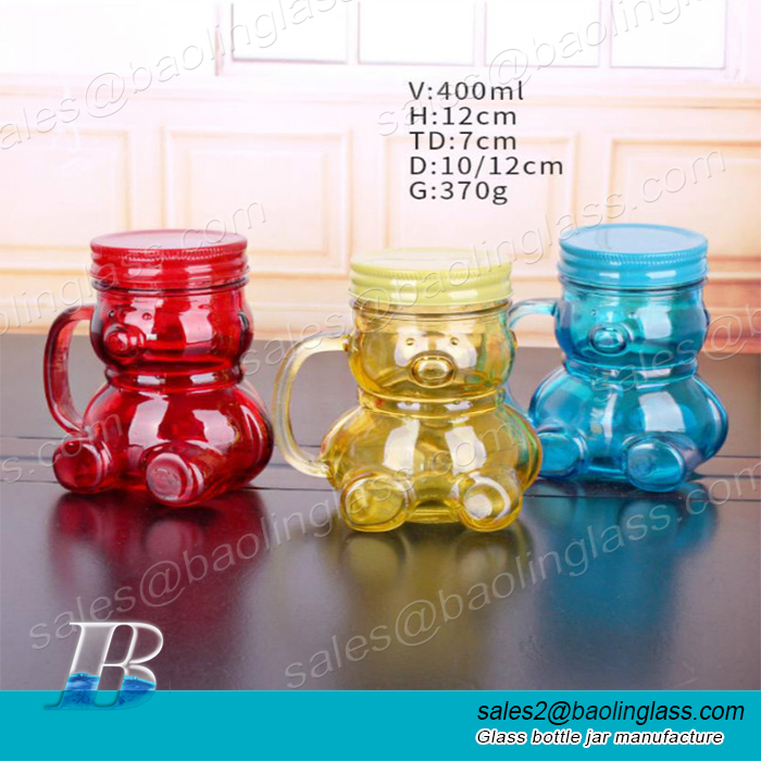 400ml 500ml cute shaped colored glass mason jars mug/cup bulk with metal colored screw cap