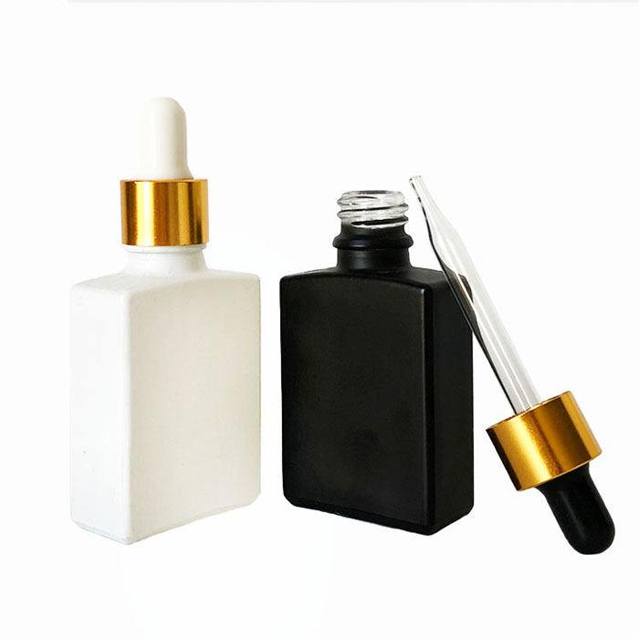 Essential oil e liquid 30ml matte frosted black rectangle square glass dropper bottle with gold screw cap
