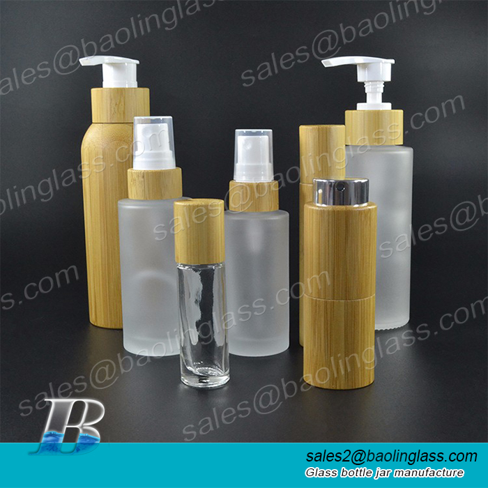 30ml 50ml 100ml wholesales perfume essential oil  frosted glass cosmetic bottle with bamboo spray or pump cap