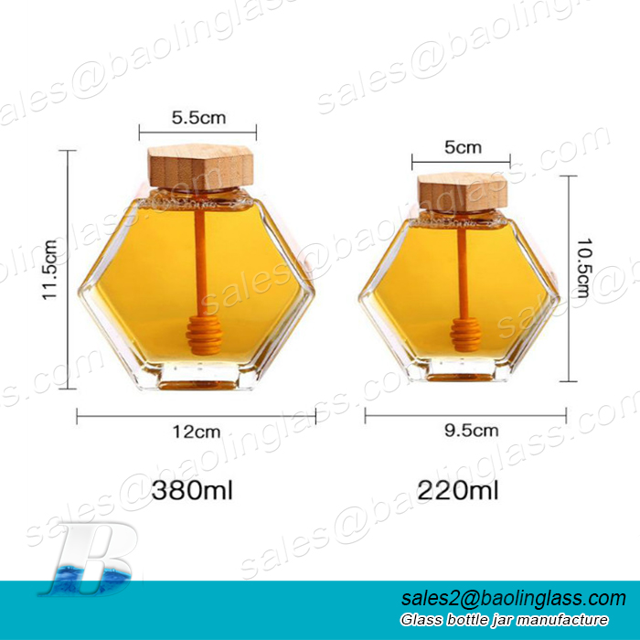 Wholesale Hexagonal Honey Container Honey Storage Bottle Glass Honey Jar With screw Metal Lid