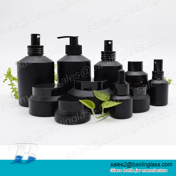 100ml 120ml high end frosted matte black cosmetic glass bottle and jar pump bottle for lotion serum cream full set
