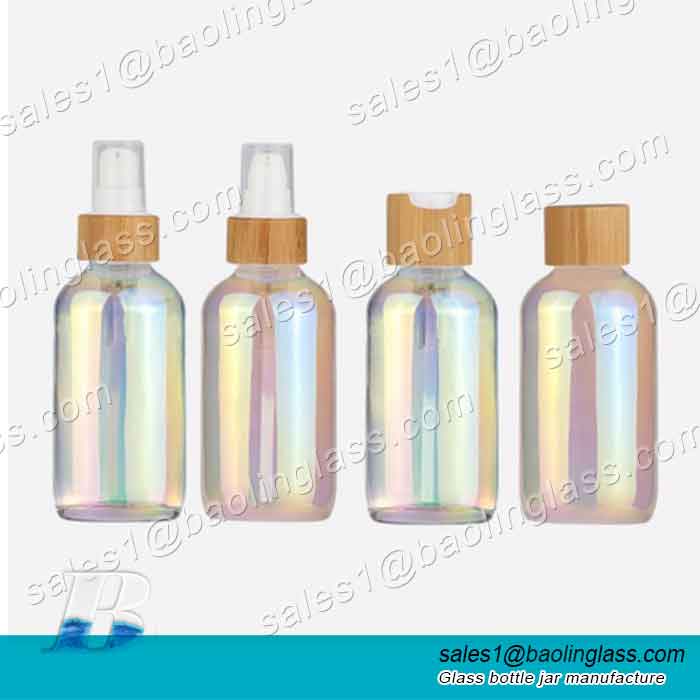 100ml Portable Colors Gradient Glass Emulsion Essence Pump Bottle with Bamboo Lid