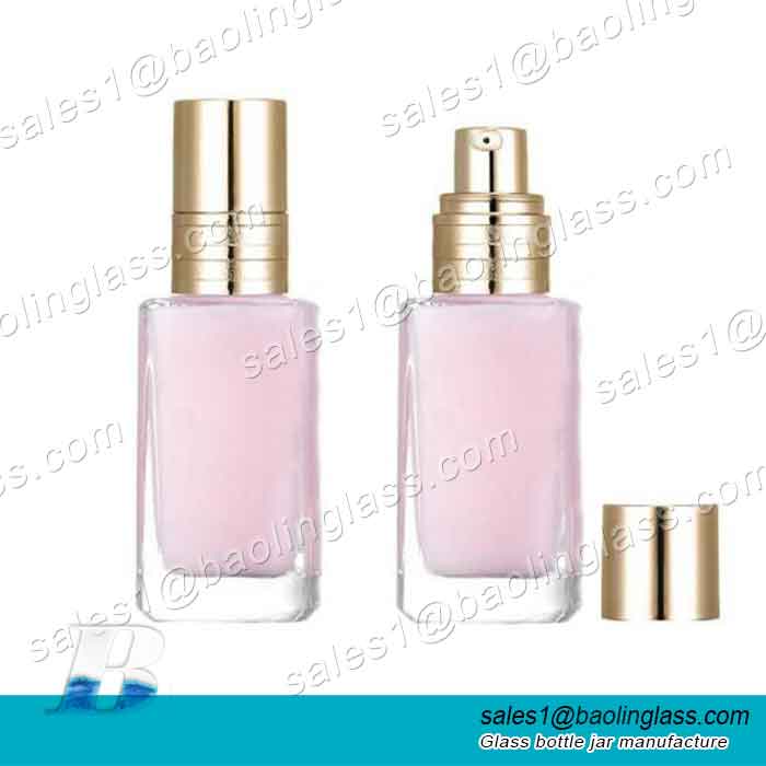 1oz Empty Clear Square Glass Emulsion Essence Bottle With Gold Pump Lid