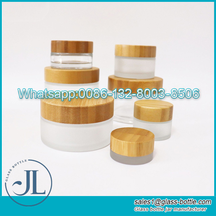 50ml/1.7oz Frosted Glass Cosmetic Cream Jar with Bamboo Lids and Inner Liners