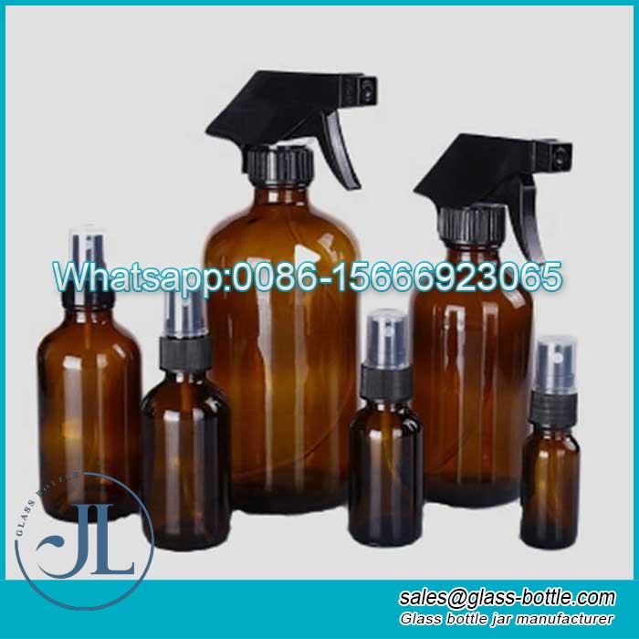 Empty Amber Boston Glass Spray Bottle with refillable atomizer