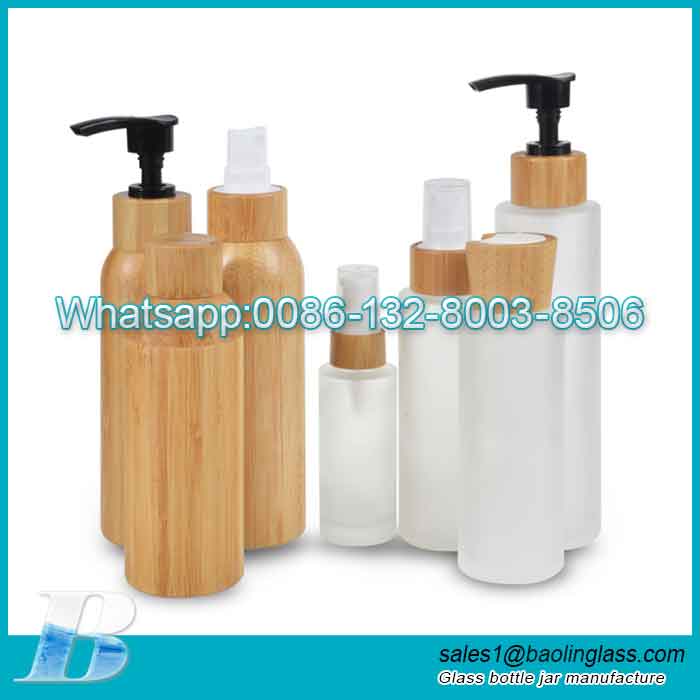 Bamboo cosmetic packaging frosted glass lotion bottle for Essence Emulsion Cream body lotion