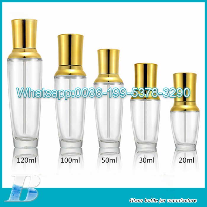 wholesale clear 15ml 30ml 50ml 100ml frosted personal Luxury wholesale dark blue cosmetic glass lotion bottles with gold pump