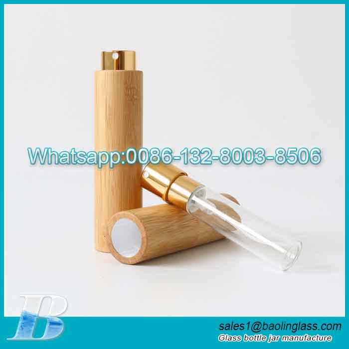 Natural bamboo shell portable refillable 10ml tube glass perfume spray bottle