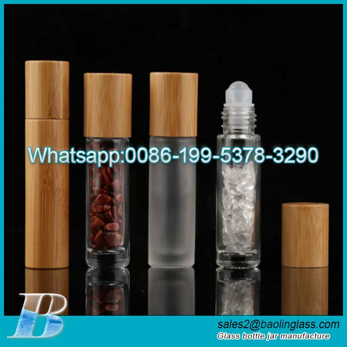 10ml Glass Roll On Bottle With Gemstone Essential Oil Roller Bottle with Bamboo Cap