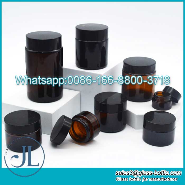 Amber round Glass cream Jar with Inner Liners and black Lids