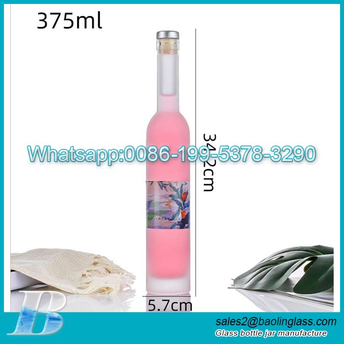 Customized logo 375ml clear frosted slim fruit wine beverage ice wine glass bottles with long neck cork stopper