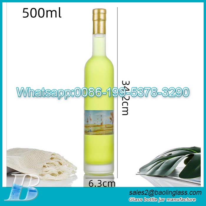 Customized logo 500ml clear frosted slim fruit wine beverage ice wine glass bottles with long neck cork stopper