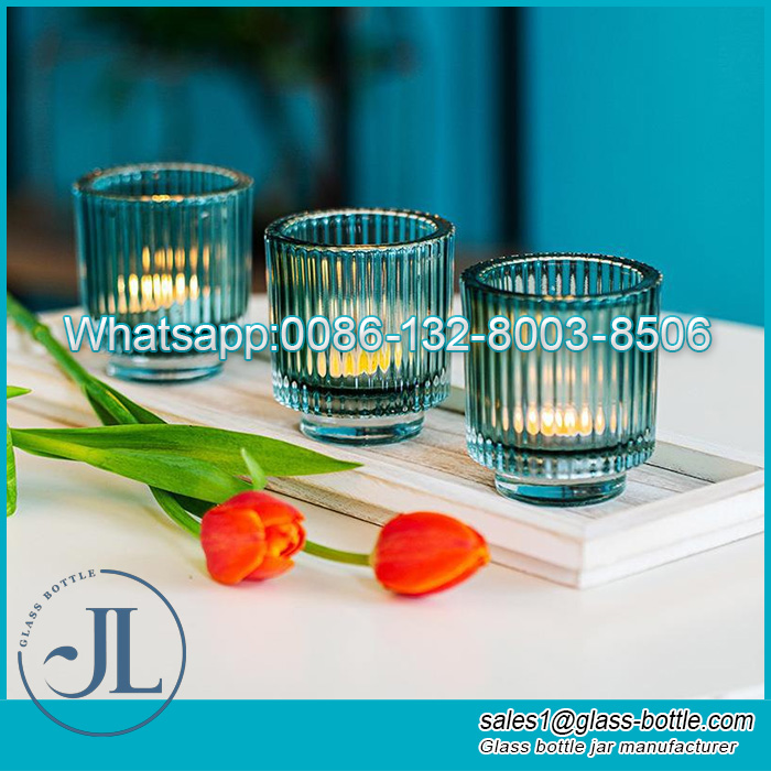 Colorful Crystal Vertical Stripe Embossed Glass Candle Jar cup shaped