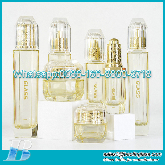 Cosmetic package polygonal luxury cosmetic packaging yellow lotion essential oil serum dropper glass pump bottle set