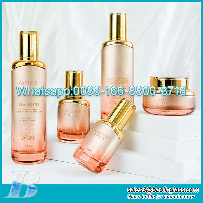 Luxury Pink Cosmetic glass packaging bottle set shoulder sleeve skincare cosmetic packaging container