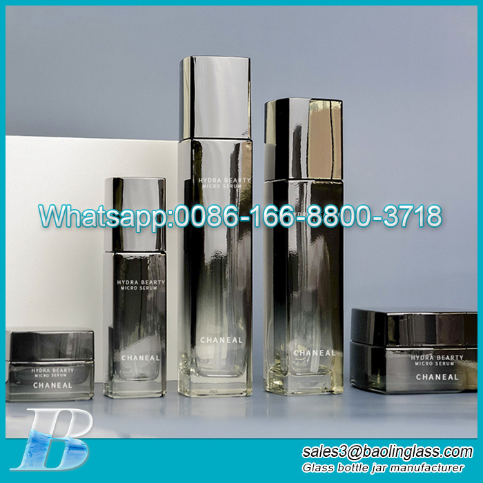 Bright Black Lid Glass Serum Lotion Pump Bottle Cosmetic Packaging set