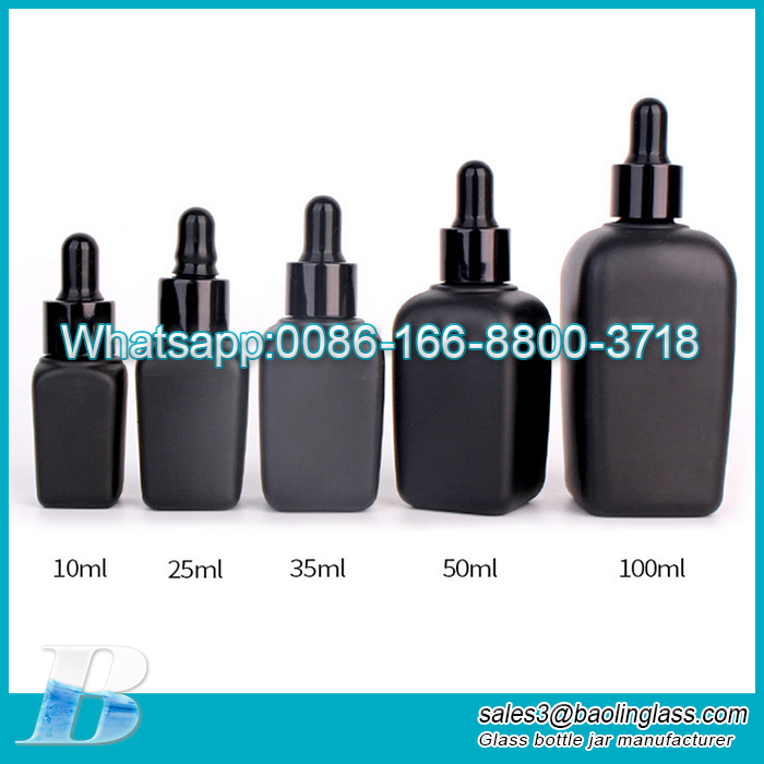 Wholesale factory matte black 50ml square cosmetic dropper spray mist glass bottle