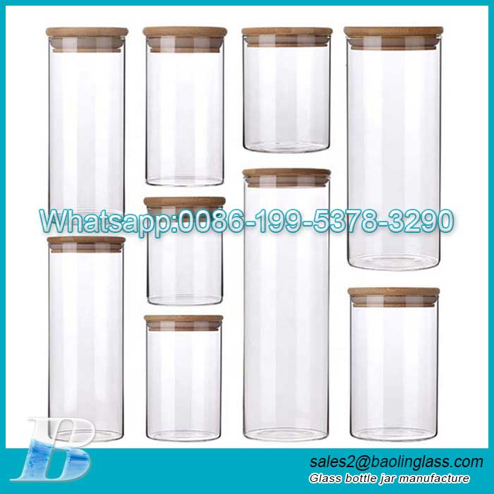 Food Cereal Bamboo Lid Large Spice Jars Glass Storage Containers For Pantry Cookie