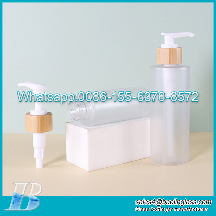 Frosted Lotion Glass Bottle With Bamboo Pump