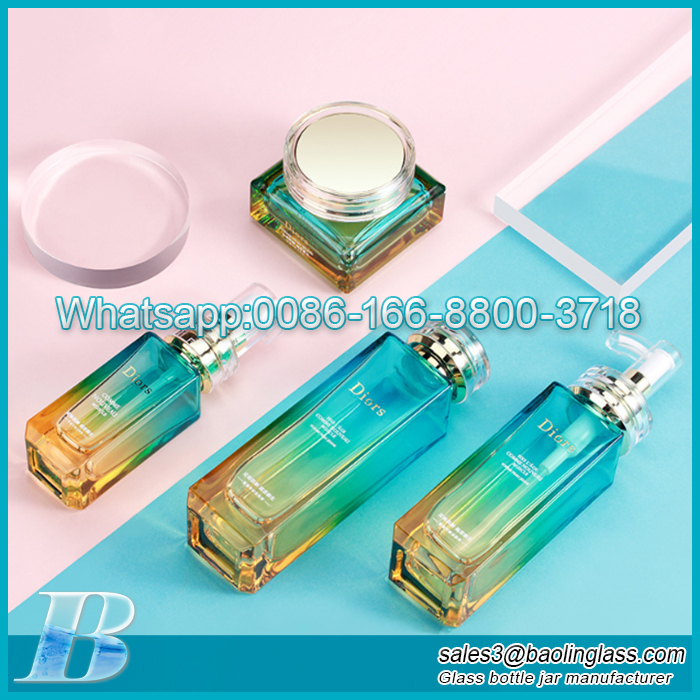 In stock square gradient color cosmetic glass delicate lotion pump glass bottle
