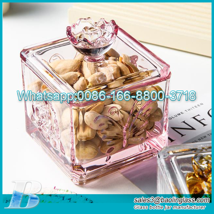 European embossment butterfly logo square pink nut Q-tip kitchen storage jar with glass lid