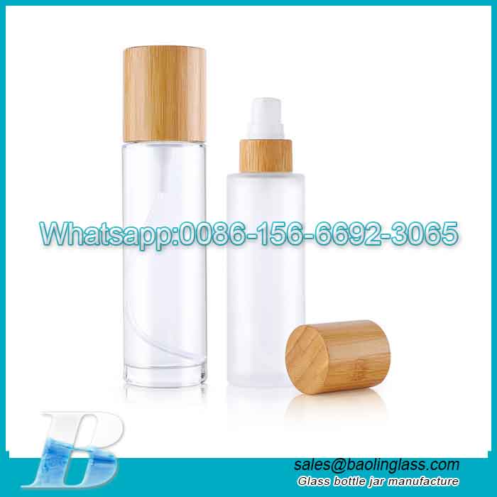 100ml Frosted Glass Lotion Bottle With Bamboo Lid For Essential Oil Emulsion Essence Liquid