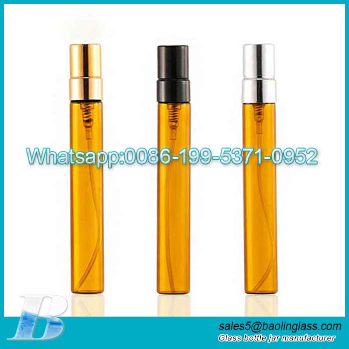 Wholesale glass tube 10ml brown anodized aluminum pump head nozzle perfume bottle
