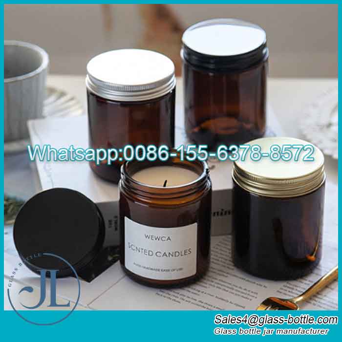 250ml Glass Amber Candle Jars Black Lids Wholesale