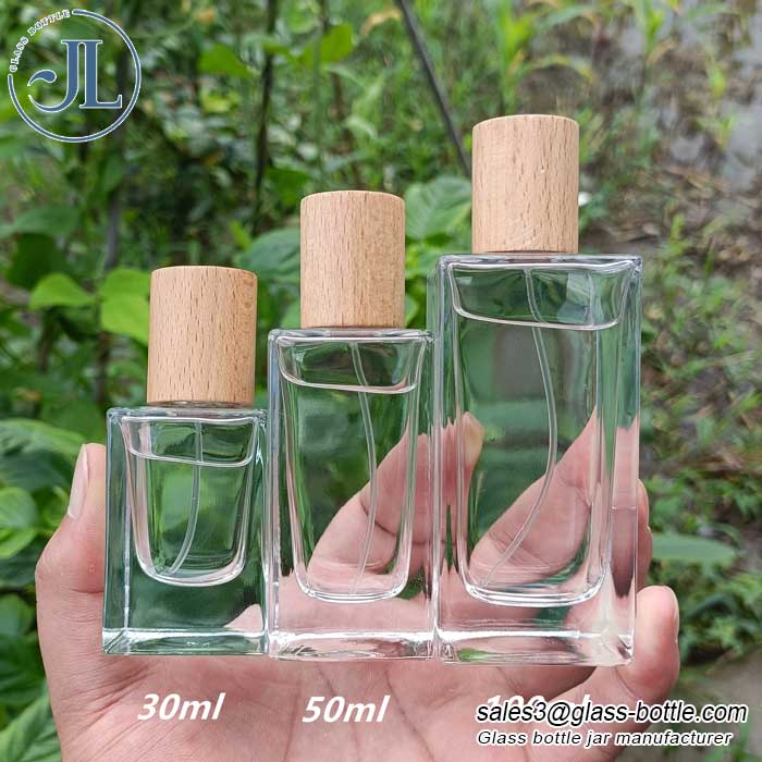 Durable thick bottom glass perfume bottle with beechwood lid wholesale