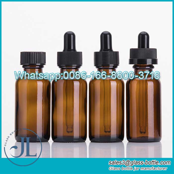 50Ml Amber Boston Round Serum Essential oil Glass Bottle with Black Dropper and Tamper Evident Cap