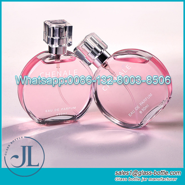 Empty luxury oblateness 50ml perfume glass bottle with fancy cap