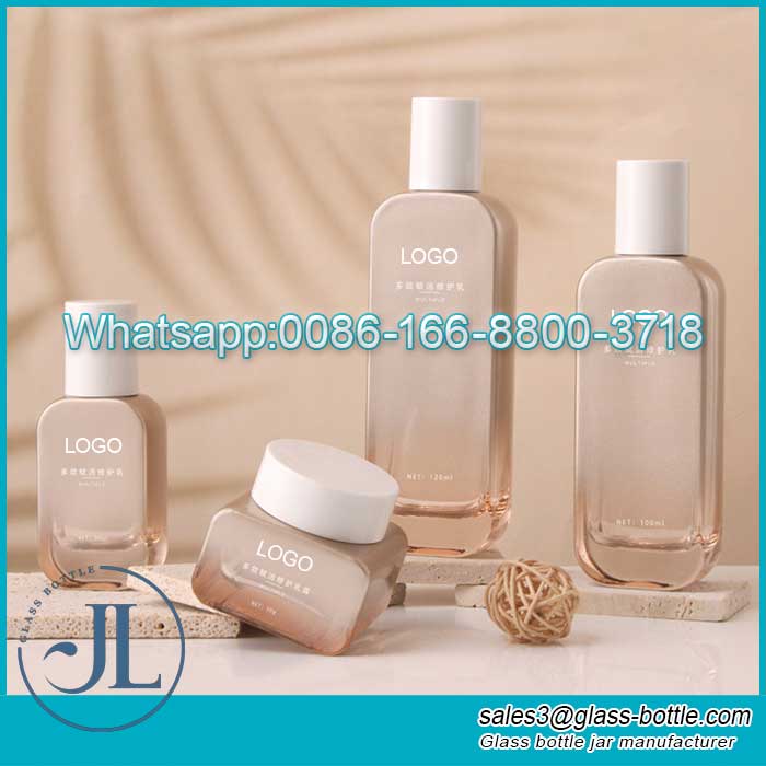Multiple Specifications of Golden Gradient Glass Cosmetic Packaging Bottles with White Caps