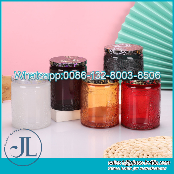 Custom color embossed decorative grain 200ml glass candle jar with metal lid